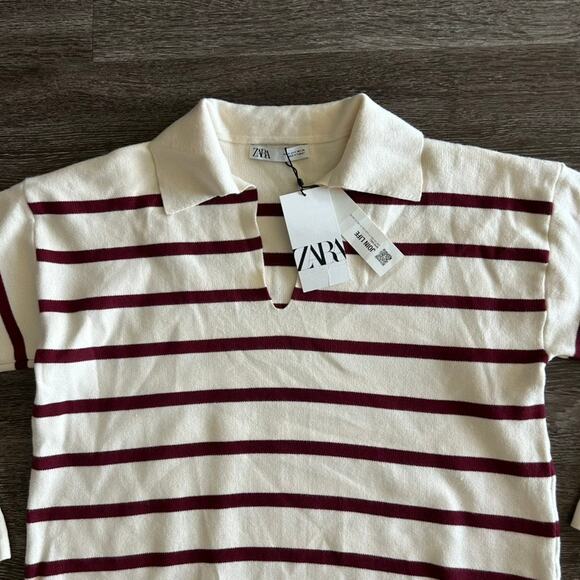 NWT Zara Oversized Striped Knit Polo Sweater Ecru Red Size Small Collared Top - Picture 11 of 16